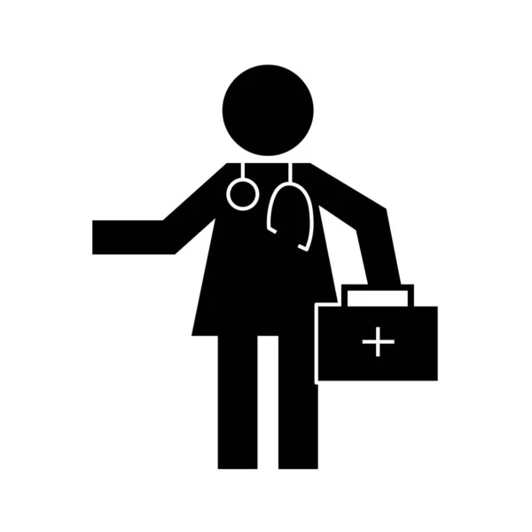 Figura humana médico com kit de saúde pictograma estilo silhueta —  Vetores de Stock