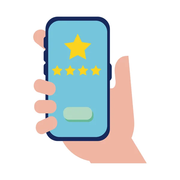 Hand using smartphone with quality stars flat style — Stock Vector