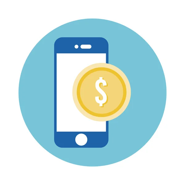 Munt geld dollar met smartphone blok stijl pictogram — Stockvector