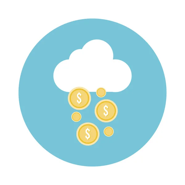 Νομίσματα δολάρια χρήματα με εικονίδιο στυλ μπλοκ σύννεφο — Διανυσματικό Αρχείο