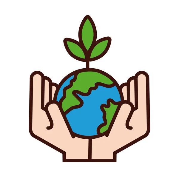 Hands lifting world planet earth and plant line and fill style — Stock Vector