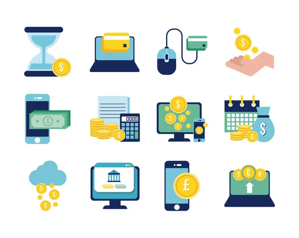 Paquet d'icônes bancaires ensemble en ligne — Image vectorielle