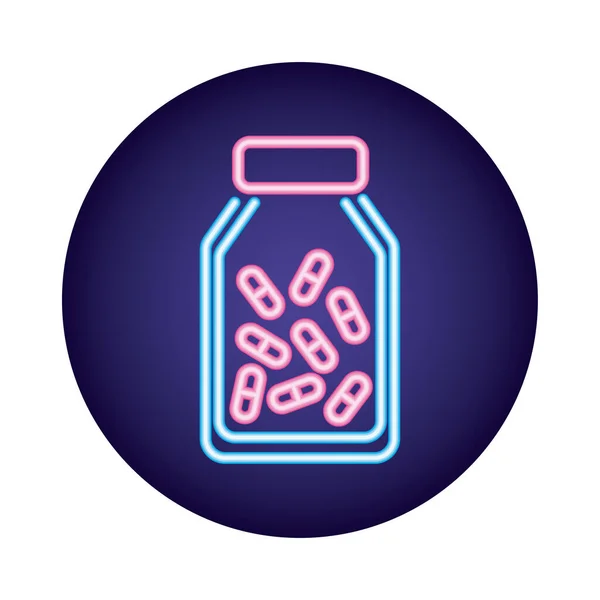 Pentola con capsule farmaci icona stile neon — Vettoriale Stock