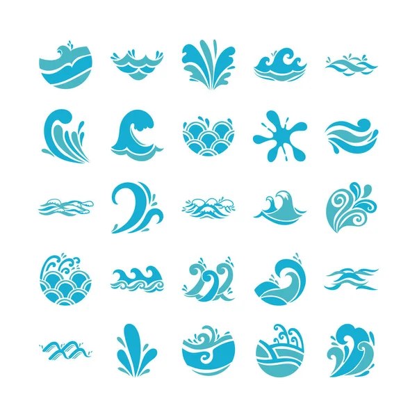 Paquete de olas océano establecer iconos — Vector de stock