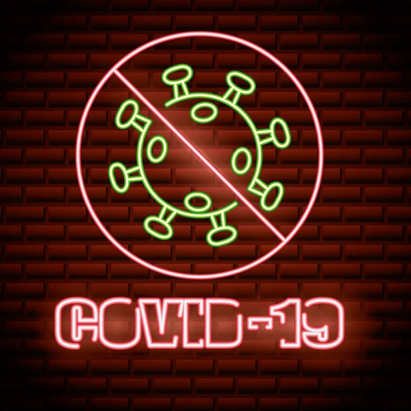 Stop covid19 particle neon light label — Stockový vektor