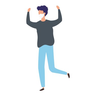 Genç adam ellerini kaldırarak maske takıyor.