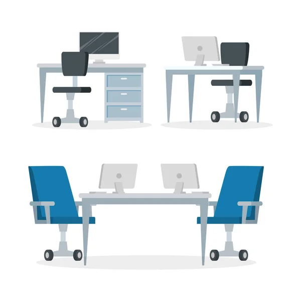 Kulissen von Arbeitsplätzen mit Schreibtischen und Stühlen — Stockvektor