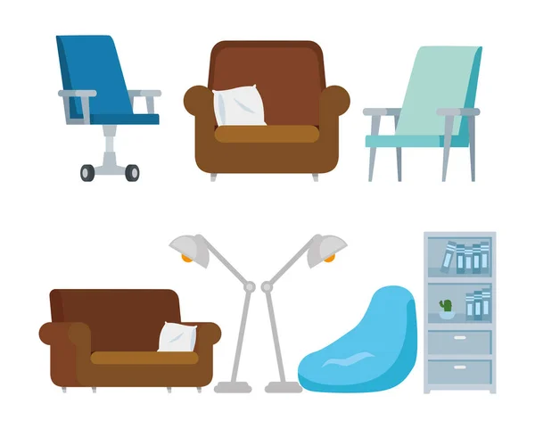 Conjunto de sillas con sofás e iconos — Archivo Imágenes Vectoriales
