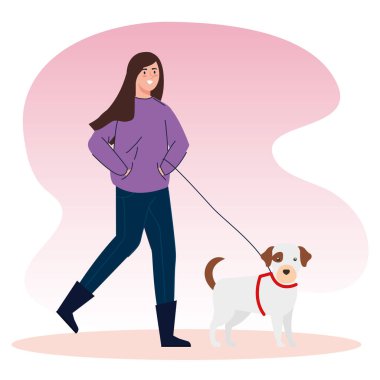 Kadın köpek izole ikonuyla yürüyor