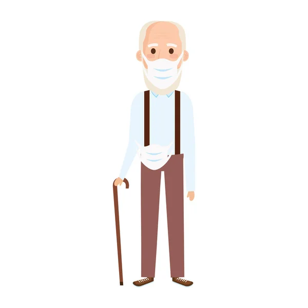 Anciano usando mascarilla con bastón — Archivo Imágenes Vectoriales