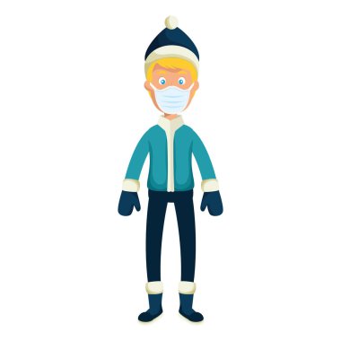 Kışlık giysiler giyen genç adam maske takıyor.