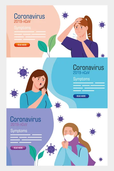 Set banner with young people sick of coronavirus 2019 ncov —  Vetores de Stock