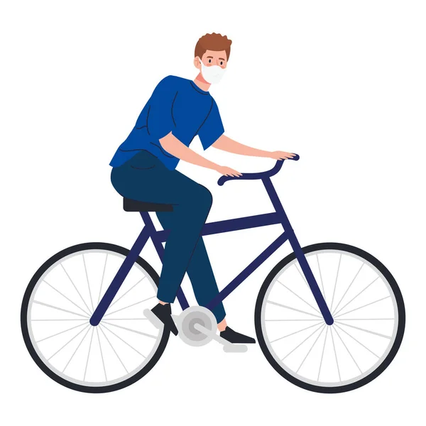 Young man riding bicycle using face mask — Stock Vector