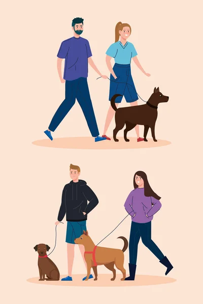 Escenas de pareja paseando con perros — Vector de stock