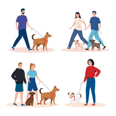Köpeklerle yürüyen insanlar.