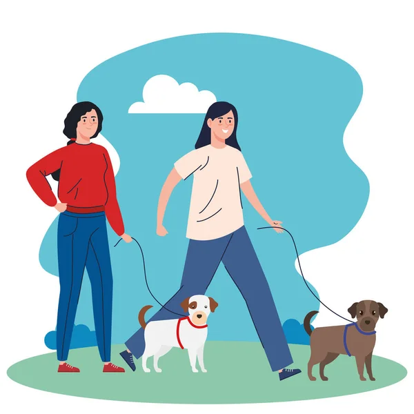 Mujeres jóvenes paseando con perros mascotas en el paisaje — Vector de stock