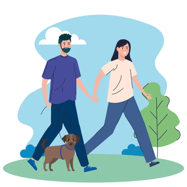 带着狗在风景中散步的夫妇 — 图库矢量图片