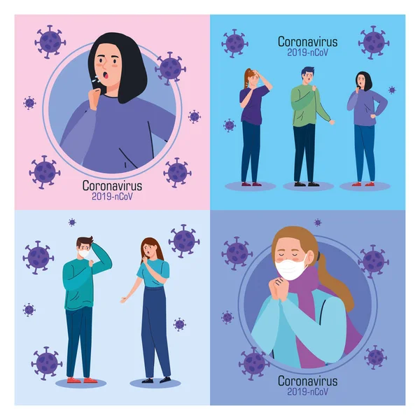 与厌倦了coronavirus 2019 ncov的年轻人一起树立横幅 — 图库矢量图片