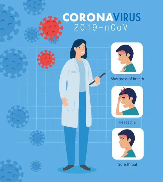 Врач женщина с кампанией симптомов коронавируса 2019 нков — стоковый вектор