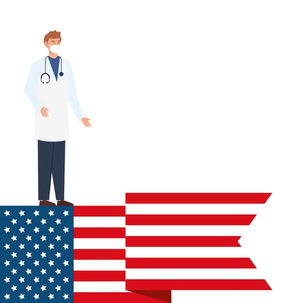 Medico maschio con maschera viso e bandiera USA — Vettoriale Stock