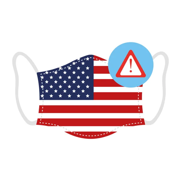 Maschera viso con bandiera degli Stati Uniti e avviso di segnale — Vettoriale Stock