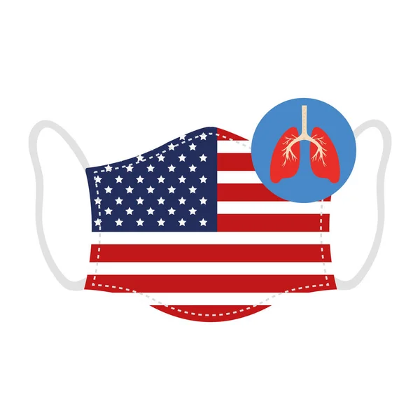 Amerika bayrağı ve akciğerli yüz maskesi — Stok Vektör