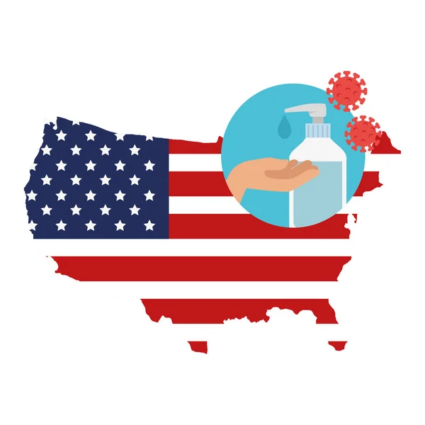 Mappa degli Stati Uniti con disinfettante mani per la prevenzione covid 19 — Vettoriale Stock