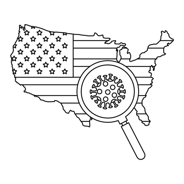 Karte der USA mit Lupe und Partikelkovid 19 — Stockvektor