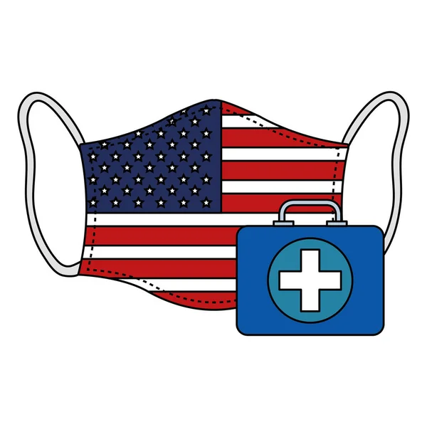 Maschera viso con bandiera degli Stati Uniti e kit di pronto soccorso — Vettoriale Stock
