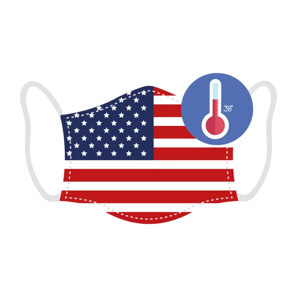 Maschera viso con bandiera degli Stati Uniti e termometro — Vettoriale Stock