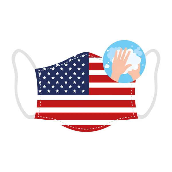 Masque visage avec drapeau des Etats-Unis et les mains de lavage — Image vectorielle