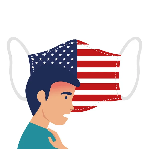 Máscara facial com bandeira dos EUA e homem doente de covid 19 —  Vetores de Stock