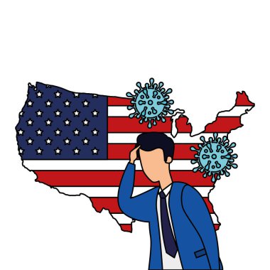 ABD haritası ve covid 19 parçacıkları ile iş adamı