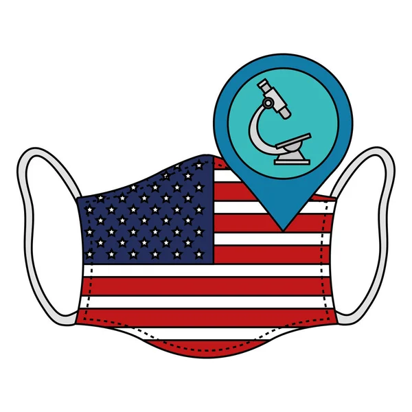 Maschera viso con bandiera degli Stati Uniti e microscopio — Vettoriale Stock