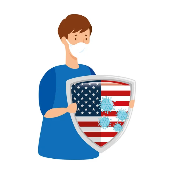 Etats-Unis drapeau dans le bouclier avec jeune homme malade de covid 19 — Image vectorielle