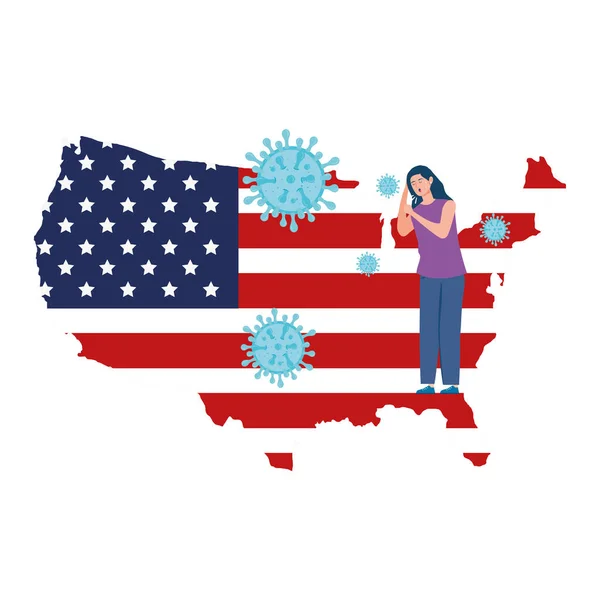 Mapa USA z kobietą chorą na covid 19 — Wektor stockowy