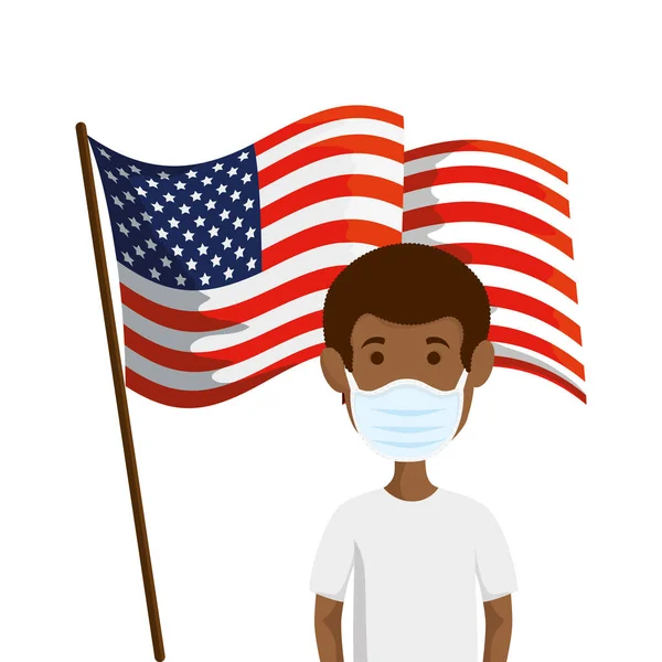 Uomo afro con maschera viso con bandiera USA — Vettoriale Stock
