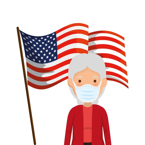 Bandiera degli Stati Uniti con la vecchia donna utilizzando maschera — Vettoriale Stock