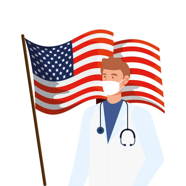 Doctor macho con máscara facial y bandera usa — Archivo Imágenes Vectoriales