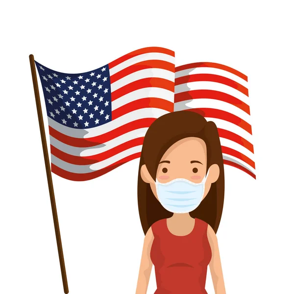 Giovane donna con maschera viso e bandiera USA — Vettoriale Stock