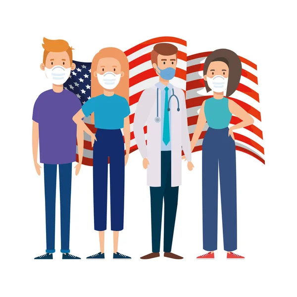 Flag usa with people using face mask — Stock Vector