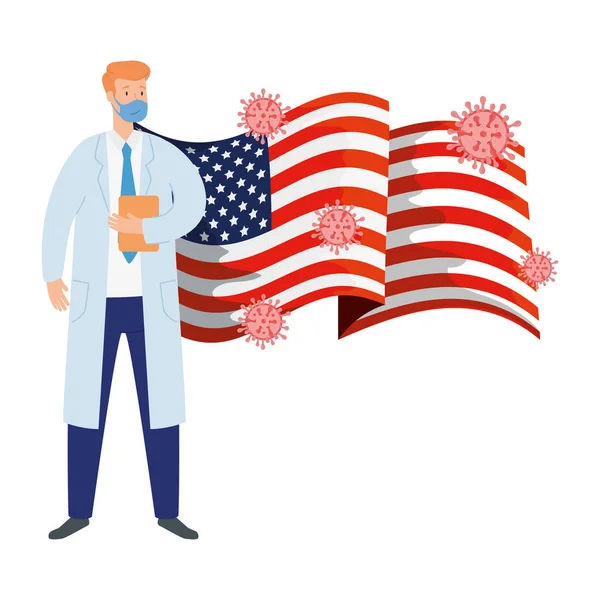 Médecin mâle avec masque et drapeau Etats-Unis — Image vectorielle