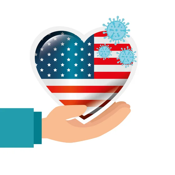 Drapeau main et Etats-Unis en forme de coeur avec des particules covid 19 — Image vectorielle