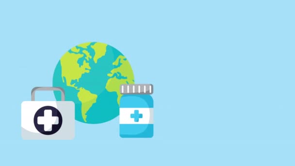 Kit médico y mundo planeta animación sanitaria — Vídeos de Stock
