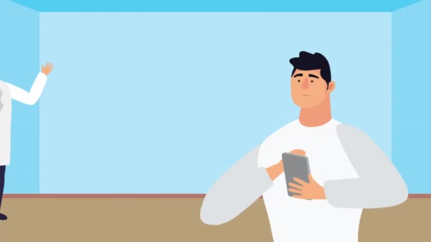 Muž pomocí smartphone se zdravotní péčí on-line a lékař — Stock video
