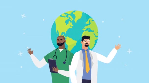 Médicos con animación de personajes del planeta tierra — Vídeos de Stock