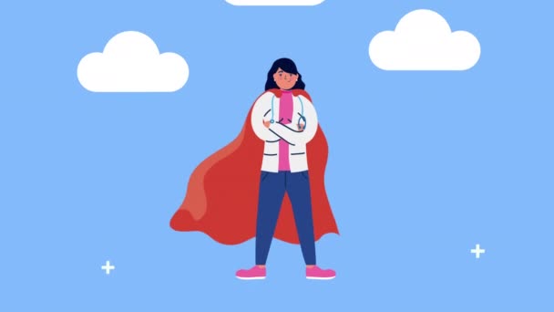 Super female doctor with hero cloak in the sky — Stock Video