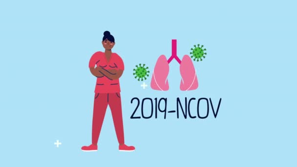 Afro female doctor with lungs and covid19 particles — Stock Video