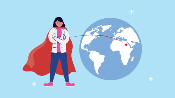 Super vrouwelijke arts met held mantel en covid19 deeltjes in aarde planeet — Stockvideo