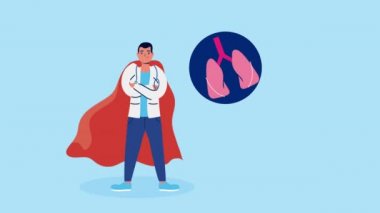 Kahraman pelerini ve ciğerleri olan profesyonel erkek doktor.